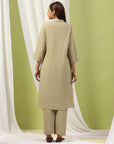 Mandarin-Collar Cotton-Blend Kurta Set with Embroidered Palazzo & Zari-Edged Dupatta