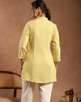 Lemon Embroidered Kurti with Lace Sleeves and Mandarin Collar