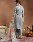 Tribal Printed Straight Kurta Set with Lace Detailing & Chiffon Dupatta