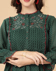 Green embroidered georgette top with mandarin collar & 3/4th sleeves