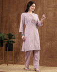 Lavender Cotton Co-ord Set with Tonal Embroidery & Laced Sleeve