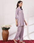 Lavender Co-ord Set with Floral Embroidered Tunic & Pocketed Palazzo