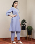 Embroidered blue cotton linen kurta set with lace-detailed palazzo