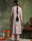 Wool Blend Floral Kurta Set with Zari Embroidery, Lace Detail & Solid Palazzo