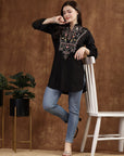 Black Viscose Kurti with Mandarin Collar & Embroidered Yoke