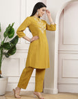 Mustard Embroidered Cotton Linen Kurta Set with Palazzo