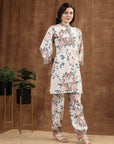 Orange Floral Kurta Set with Mandarin Collar & Laced Bell Sleeves