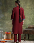 A-Line Cotton Kurta Set with Embroidered Patch Collar & Palazzo