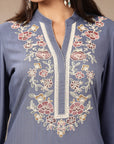 Rayon Kurta Set with Embroidered Mandarin Collar, Full Sleeves & Stitched-Hem Palazzo