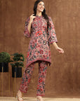Pink Floral Rayon Co-ord Set with Bell Sleeves and Mandarin Collar