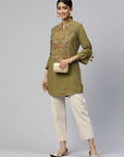 Olive Viscose Kurti with Mandarin Collar & Embroidered Yoke