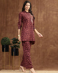 Burgundy Indo-Western Co-ord with Embroidered Shirt Collar Tunic & Printed Palazzo