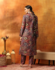 Wool Blend Floral Printed Kurta Set with Mandarin Collar, Zari Work & Printed Palazzo