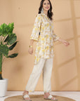 Yellow Abstract Print Rayon Slub Co-ord with Solid Palazzo