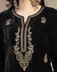 Velvet Kurta Set with Zari Neck, Gotta Accents & Banarasi Dupatta