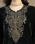 Velvet Zari-Embroidered Kurta Set with Palazzo & Banarasi Dupatta
