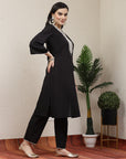 Embroidered black cotton linen kurta set with lace-detailed palazzo