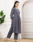 Navy Modal Chanderi Floral Kurta Set with Palazzo