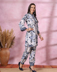 Blue Floral Kurta Set with Mandarin Collar & Laced Bell Sleeves