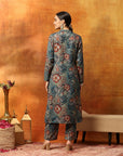 Wool Blend Floral Printed Kurta Set with Mandarin Collar, Zari Work & Printed Palazzo