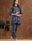 Blue Indo-Western Co-ord with Embroidered Shirt Collar Tunic & Printed Palazzo