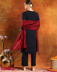 Knitted Wool Kurta Set with Embroidery, Palazzo & Tasselled Chanderi Dupatta