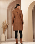 Suede Long Coat with Button Placket & Tab-Sleeve Detailing
