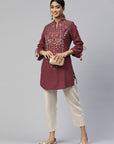 Maroon Viscose Kurti with Mandarin Collar & Embroidered Yoke