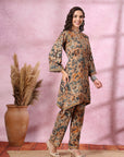 Brown Floral Rayon Co-ord Set with Bell Sleeves and Mandarin Collar