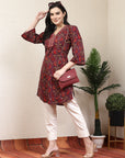Purple Paisley Print Cotton Kurti with Mirror Work & Lace Sleeves