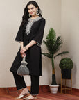 Embroidered black cotton linen kurta set with lace-detailed palazzo
