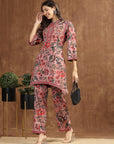 Pink Floral Rayon Co-ord Set with Bell Sleeves and Mandarin Collar