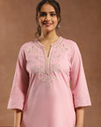 Solid Cotton Straight Kurta with Thread Embroidery & Lace Cuff Details