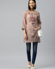 Floral Printed Cotton A-Line Kurti with Tie-Up Neck
