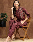 Burgundy Indo-Western Co-ord with Embroidered Shirt Collar Tunic & Printed Palazzo