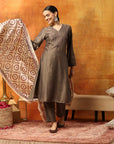 Art Silk Embroidered Kurta Set with Palazzo & Silk Dupatta