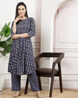 Navy Modal Chanderi Floral Kurta Set with Palazzo