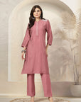 Solid A-Line Poly Viscose Kurta with Embroidery & Palazzo