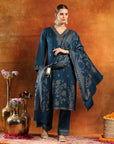 Calf-Length Jacquard Wool Kurta Set with Swarovski Detail & Dupatta