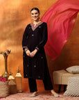 Regal Velvet Kurta Set with Zari & Patch Embroidery