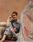 Tribal Printed Straight Kurta Set with Lace Detailing & Chiffon Dupatta