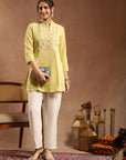 Lemon Embroidered Kurti with Lace Sleeves and Mandarin Collar