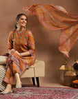 Floral Printed Silk Kurta Set with Sewroskie Work & Printed Dupatta