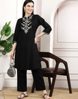 Black Embroidered Cotton Linen Kurta Set with Palazzo