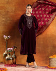 Velvet Zari-Embroidered Kurta Set with Bell Sleeves, Palazzo & Banarasi Dupatta