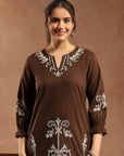 Thread Embroidered Cotton Kurti with Lace-Trim Sleeves