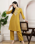 Mustard Embroidered Cotton Linen Kurta Set with Palazzo