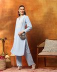 Wool Blend Embroidered Kurta Set with Mandarin Collar & Elasticated Palazzo