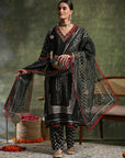 Printed Linen Kurta Set with Mirror Embroidery & Striped Dupatta