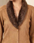 Suede Long Coat with Fur Collar & Sleeve Detailing